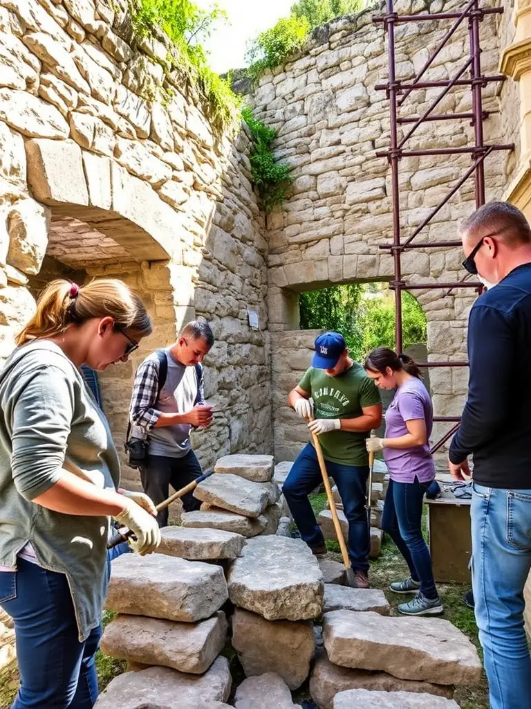 A picture of volunteers working on the restoration of a historical building in Montsalvy, showcasing their dedication and the tangible impact of their efforts.