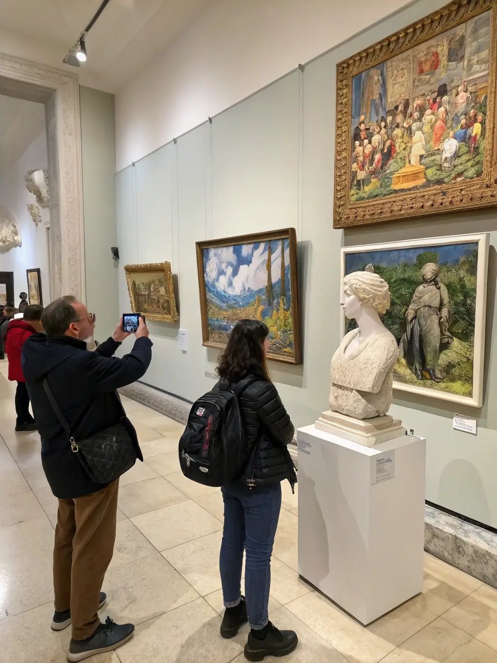 A photograph capturing an art exhibition held within the Abbey, featuring local artists and historical artifacts, with visitors admiring the displayed works.