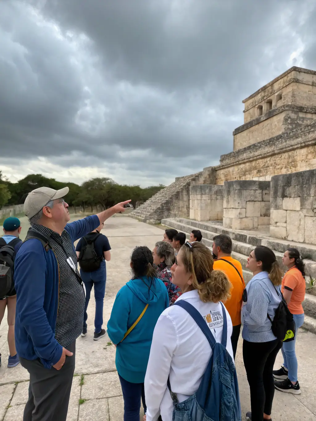 A photograph of a guided tour group inside the Montsalvy Abbey, led by a knowledgeable guide, showcasing the architectural details and historical significance of the abbey.