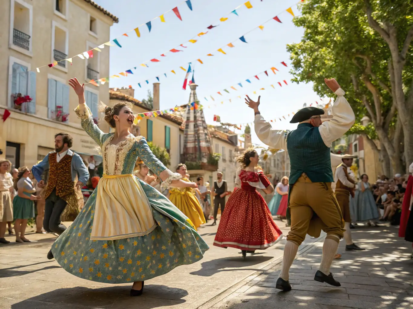 A vibrant image showcasing a traditional music performance taking place in the courtyard of the Montsalvy Abbey during a cultural festival. The musicians are dressed in period costumes, and the audience is visibly enjoying the performance.