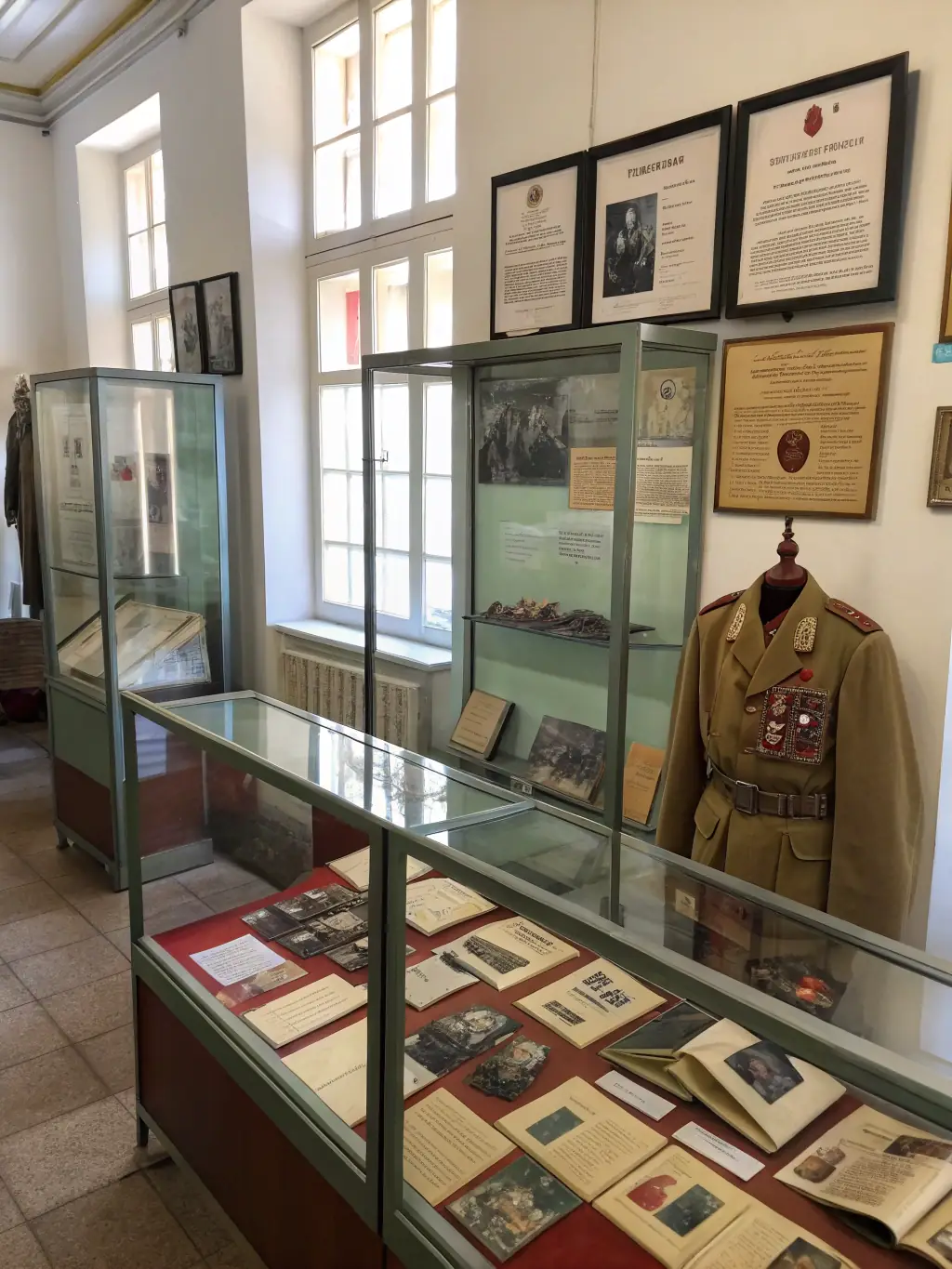A photograph of a historical exhibition organized by the association, featuring artifacts, documents, and displays that showcase the history of Montsalvy and its abbatiale.