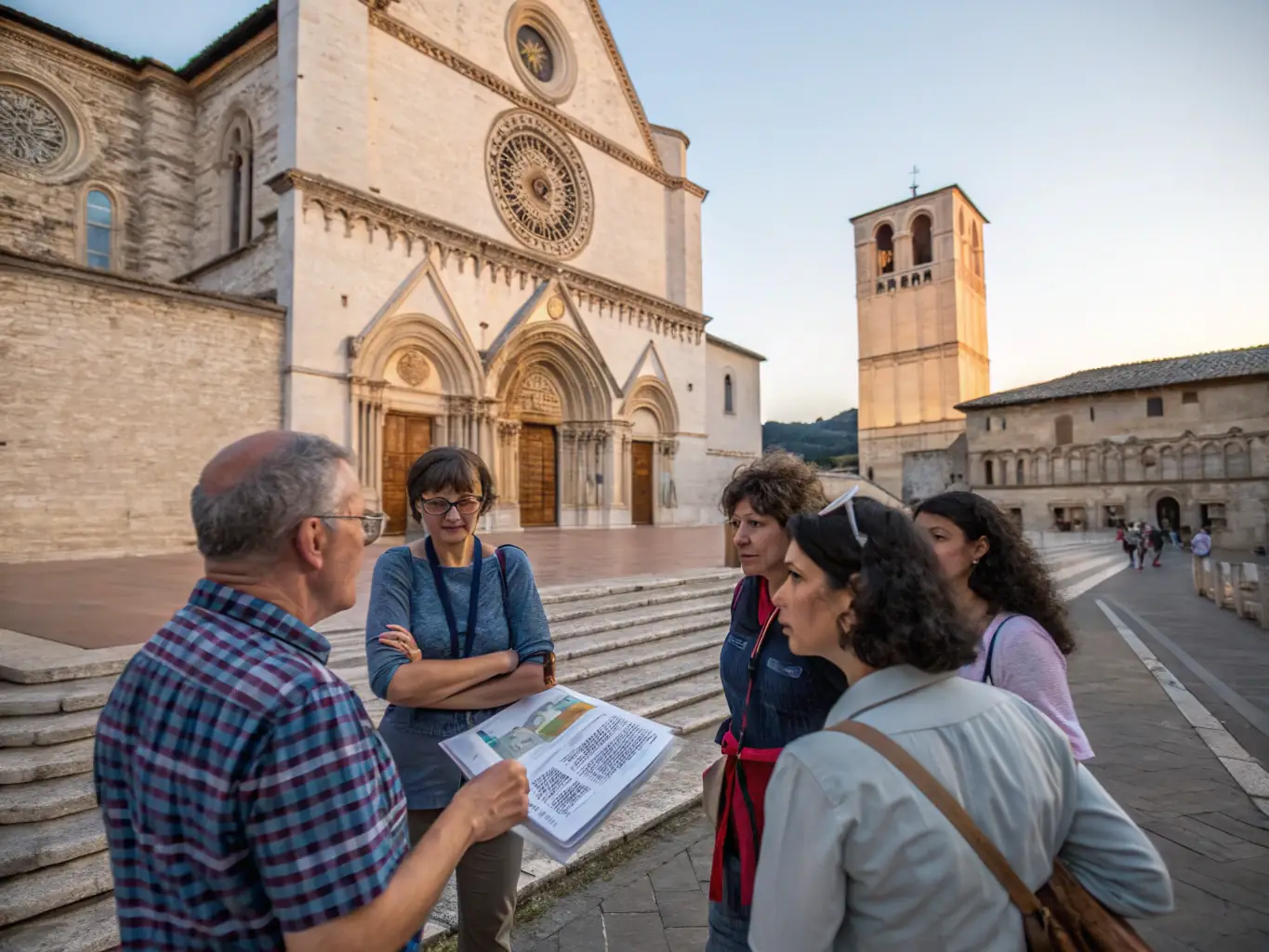 A photograph capturing a guided tour group exploring the abbatiale, led by a knowledgeable member of LES AMIS DE L'ABBATIALE.