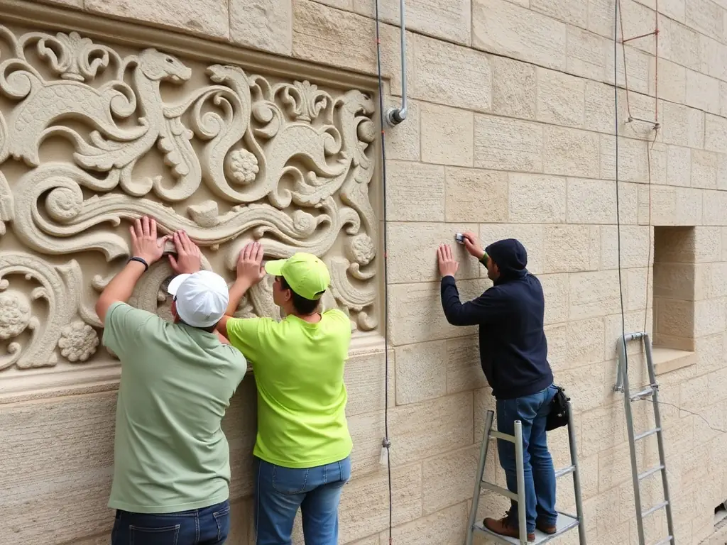 A photograph depicting volunteers working on the restoration of a section of the Montsalvy Abbey's stonework. The volunteers are carefully cleaning and repairing the ancient stones, preserving the building's historical integrity.