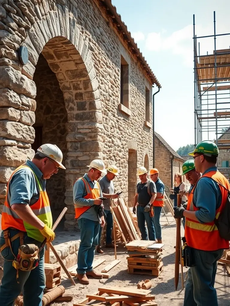 A photograph of volunteers working on a restoration project at the abbatiale, highlighting their dedication to preserving the architectural heritage of Montsalvy.