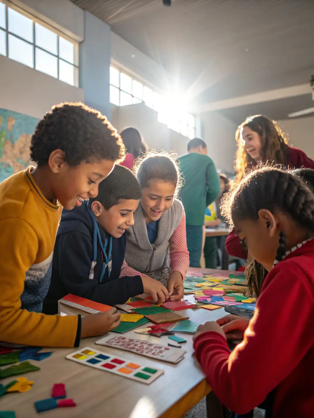 A vibrant image of an educational workshop for children, showcasing them actively participating in a hands-on activity related to local history and heritage preservation.